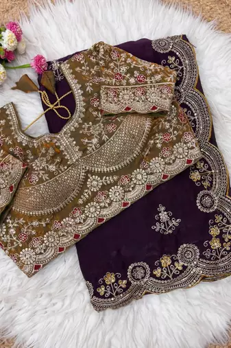 Purple Color embroidery And sequence work Satin Saree