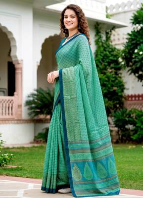 Sangam prints mint green cotton blend woven work traditional saree 2