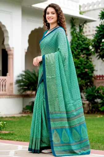 Sangam prints mint green cotton blend woven work traditional saree
