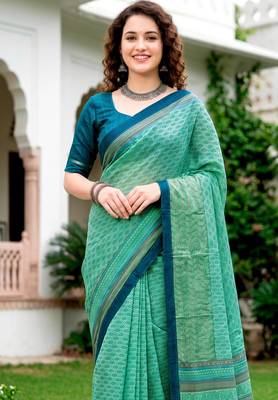Sangam prints mint green cotton blend woven work traditional saree 3