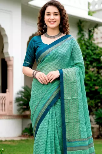 Sangam prints mint green cotton blend woven work traditional saree