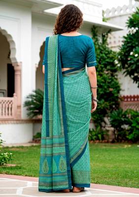 Sangam prints mint green cotton blend woven work traditional saree 4