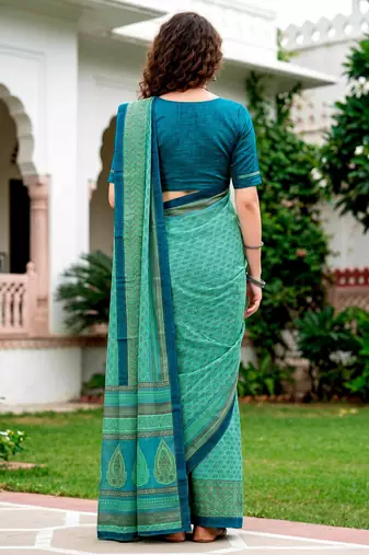 Sangam prints mint green cotton blend woven work traditional saree