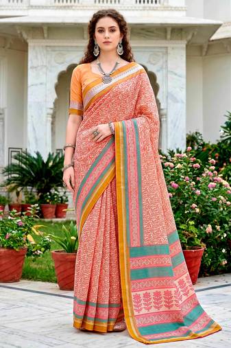 Sangam prints peach pink cotton blend woven work traditional saree