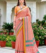 Sangam prints peach pink cotton blend woven work traditional saree
