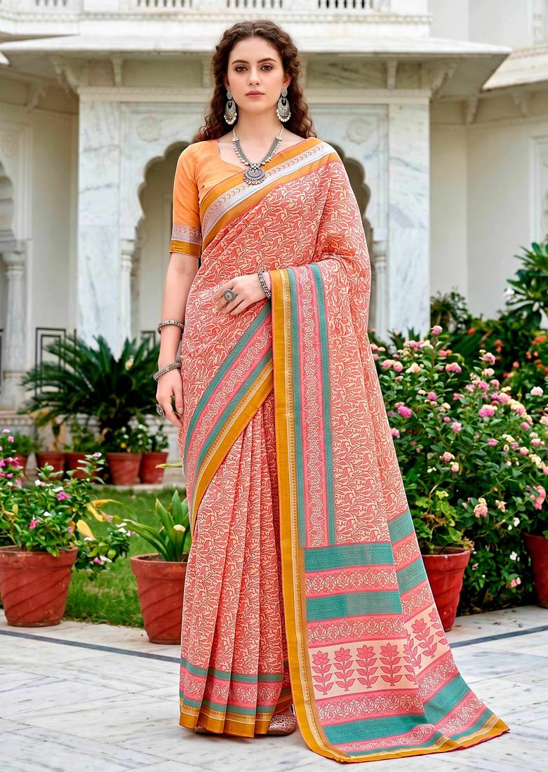 Sangam prints peach pink cotton blend woven work traditional saree