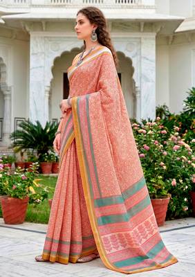 Sangam prints peach pink cotton blend woven work traditional saree 2