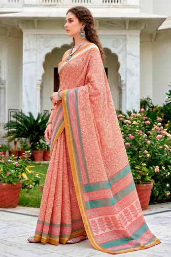 Sangam prints peach pink cotton blend woven work traditional saree
