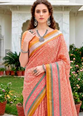 Sangam prints peach pink cotton blend woven work traditional saree 3