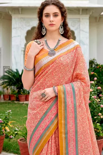 Sangam prints peach pink cotton blend woven work traditional saree