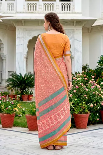 Sangam prints peach pink cotton blend woven work traditional saree