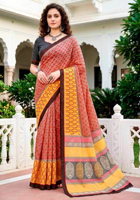 Sangam prints brick red mustard cotton blend woven work traditional saree 1