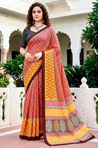 Sangam prints brick red mustard cotton blend woven work traditional saree