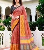 Sangam prints brick red mustard cotton blend woven work traditional saree