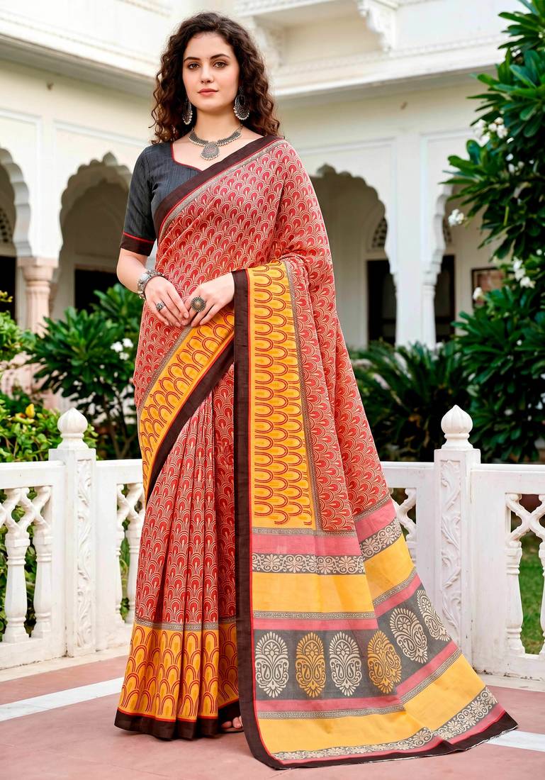 Sangam prints brick red mustard cotton blend woven work traditional saree