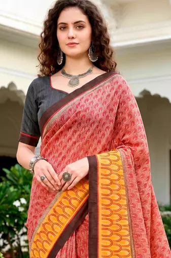 Sangam prints brick red mustard cotton blend woven work traditional saree
