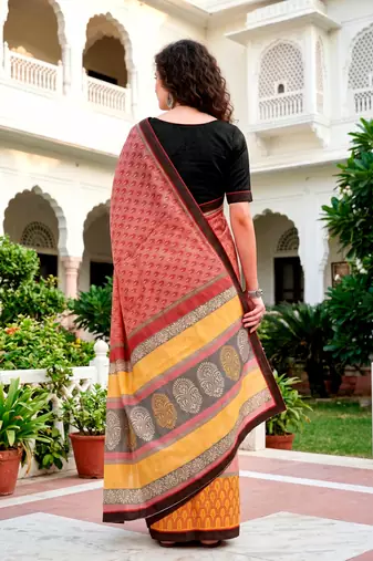 Sangam prints brick red mustard cotton blend woven work traditional saree