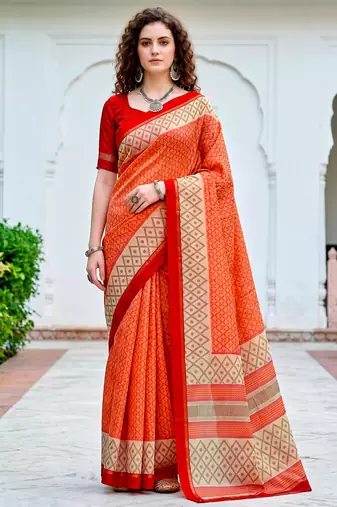 Sangam prints bright orange cotton blend woven work traditional saree