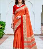Sangam prints bright orange cotton blend woven work traditional saree