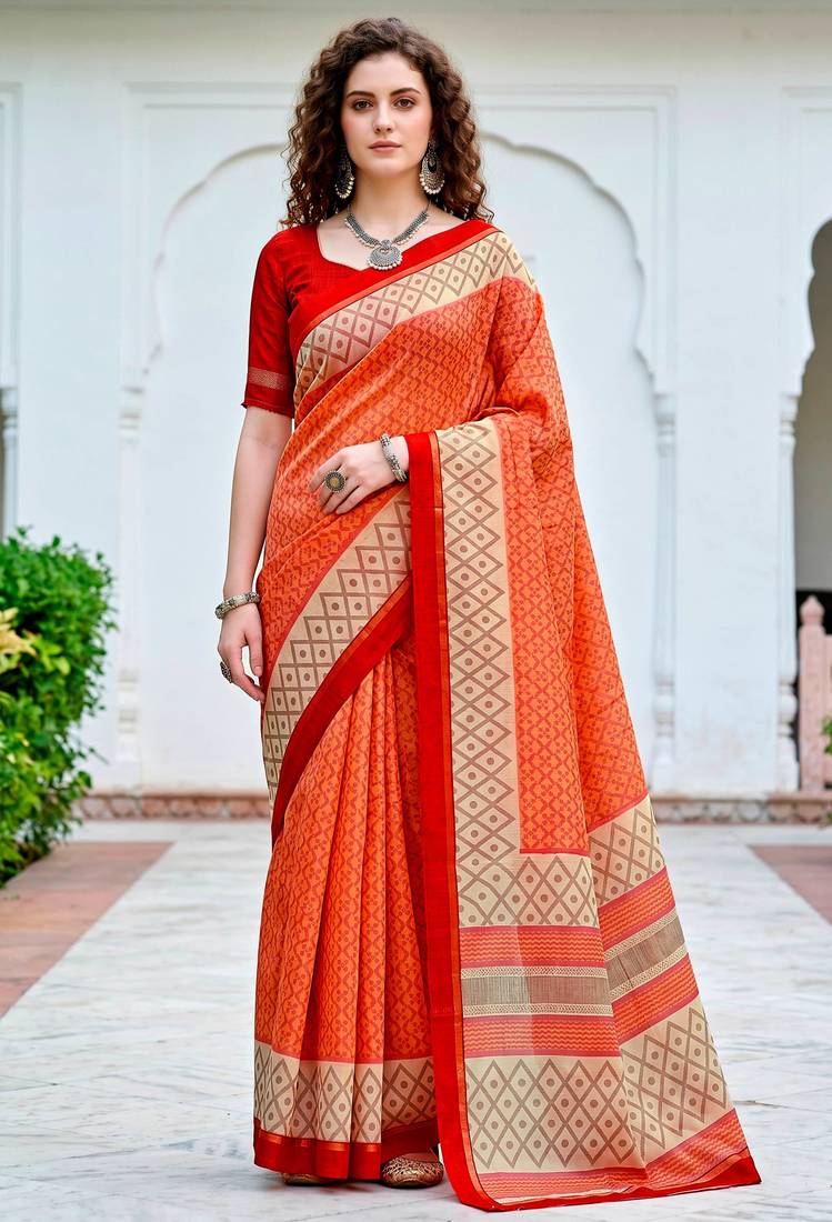 Sangam prints bright orange cotton blend woven work traditional saree