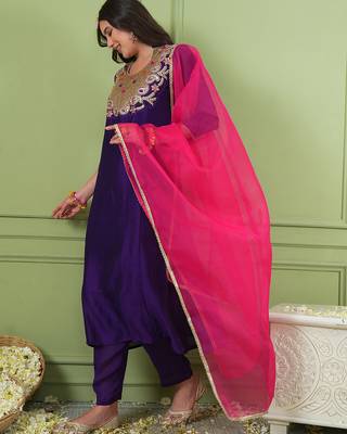 Women's Beautiful Embroidery Work Viscose Silk Fabric Flared Kurta Pant and Dupatta Set 3