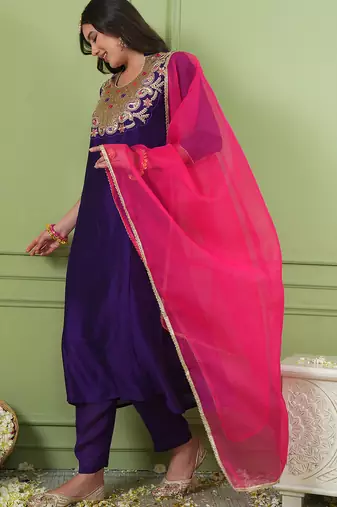 Women's Beautiful Embroidery Work Viscose Silk Fabric Flared Kurta Pant and Dupatta Set