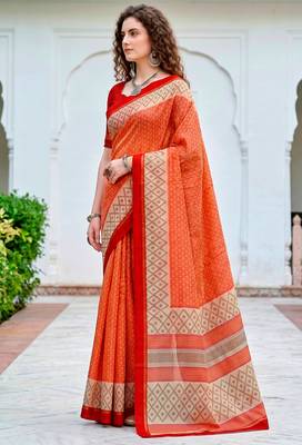 Sangam prints bright orange cotton blend woven work traditional saree 2