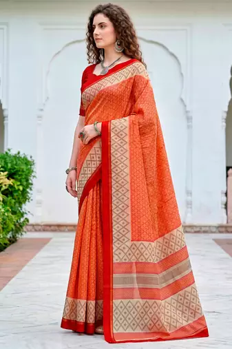 Sangam prints bright orange cotton blend woven work traditional saree