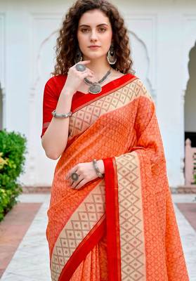 Sangam prints bright orange cotton blend woven work traditional saree 3