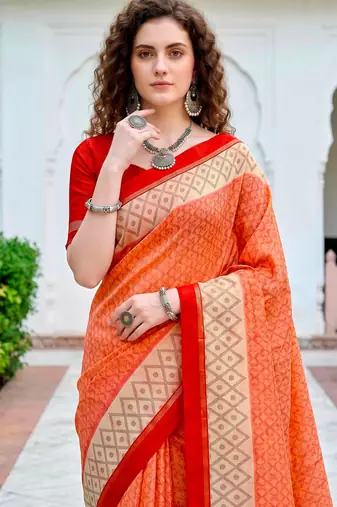 Sangam prints bright orange cotton blend woven work traditional saree