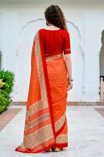 Sangam prints bright orange cotton blend woven work traditional saree