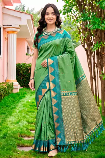 Sangam prints leaf green silk woven work traditional saree