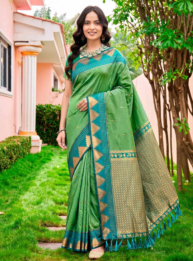 Sangam prints leaf green silk woven work traditional saree