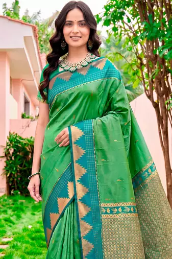 Sangam prints leaf green silk woven work traditional saree
