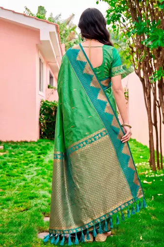 Sangam prints leaf green silk woven work traditional saree