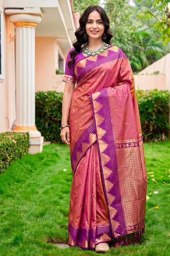 Sangam prints rose pink silk woven work traditional saree