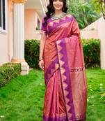 Sangam prints rose pink silk woven work traditional saree