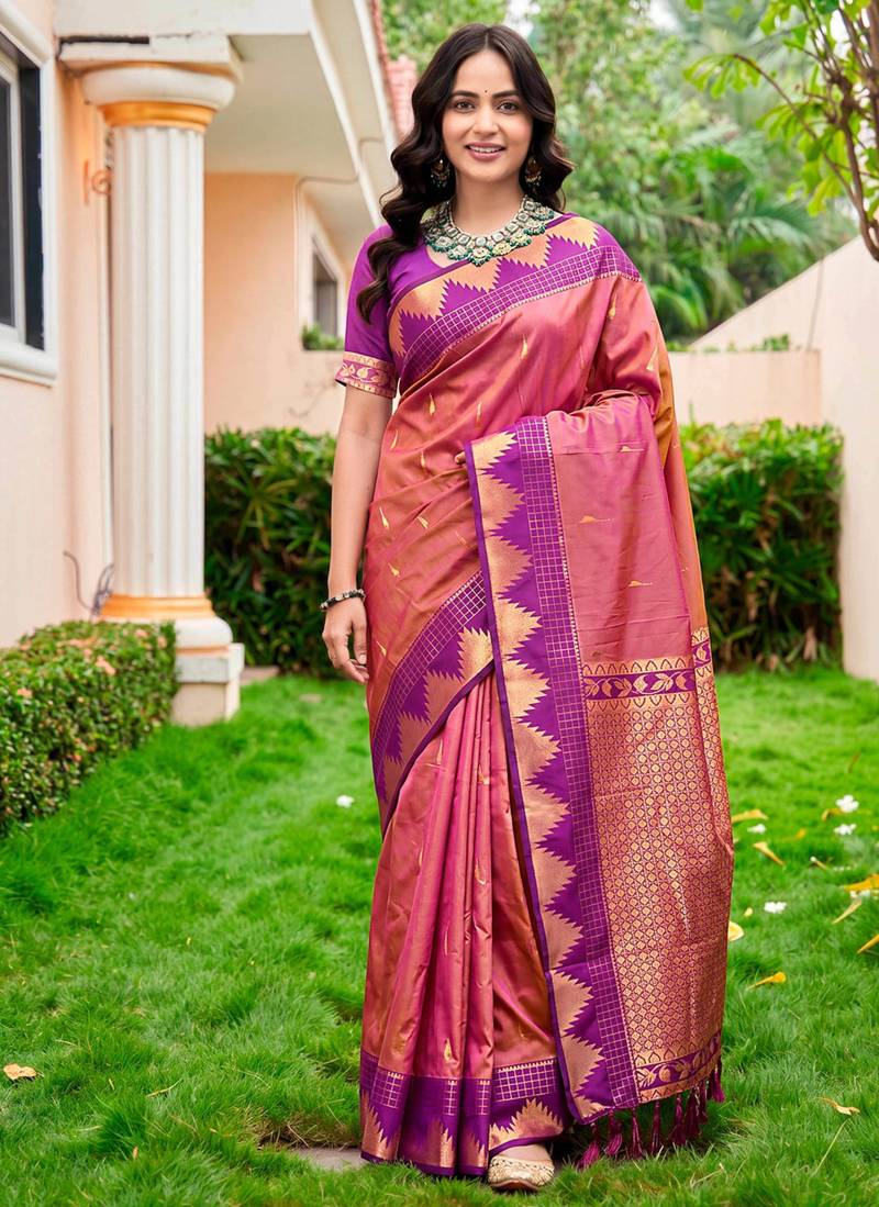 Sangam prints rose pink silk woven work traditional saree