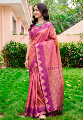 Sangam prints rose pink silk woven work traditional saree 2