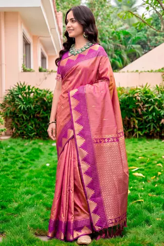 Sangam prints rose pink silk woven work traditional saree