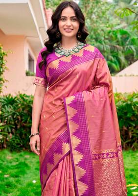 Sangam prints rose pink silk woven work traditional saree 3