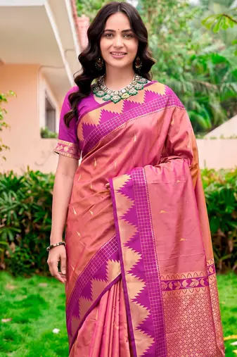 Sangam prints rose pink silk woven work traditional saree