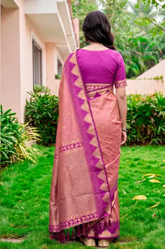 Sangam prints rose pink silk woven work traditional saree