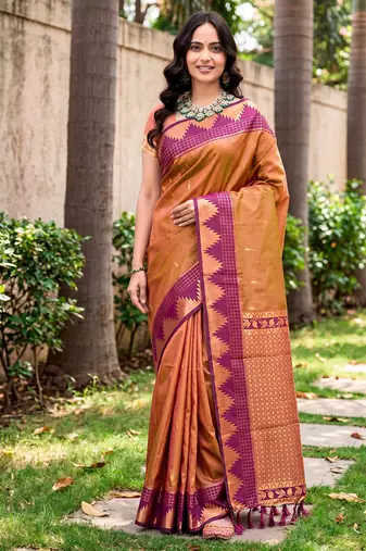 Sangam prints copper brown silk woven work traditional saree