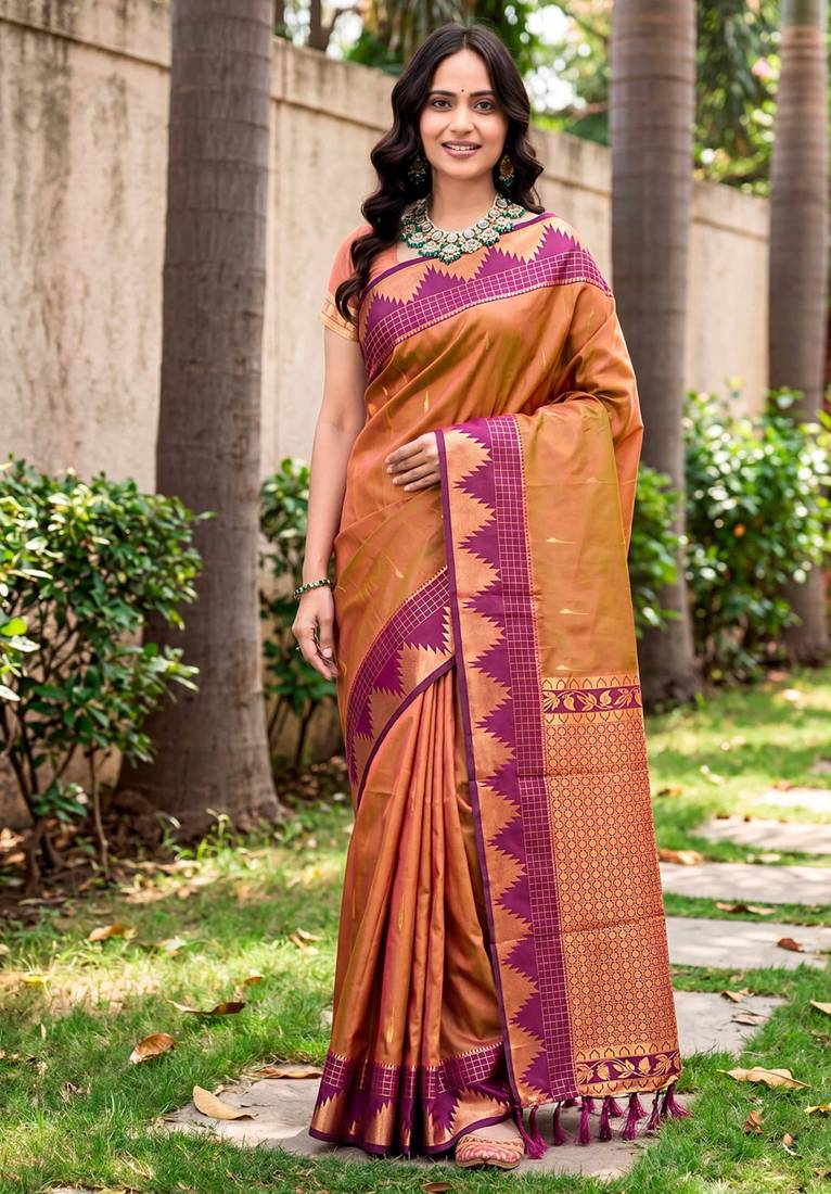 Sangam prints copper brown silk woven work traditional saree