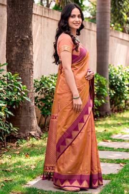 Sangam prints copper brown silk woven work traditional saree 3