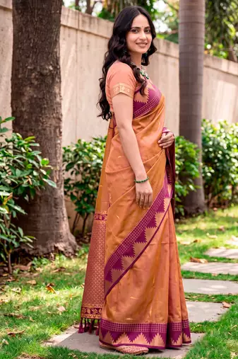 Sangam prints copper brown silk woven work traditional saree