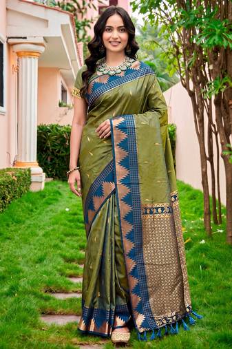 Sangam prints olive green silk woven work traditional saree
