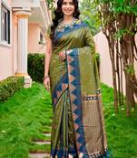 Sangam prints olive green silk woven work traditional saree