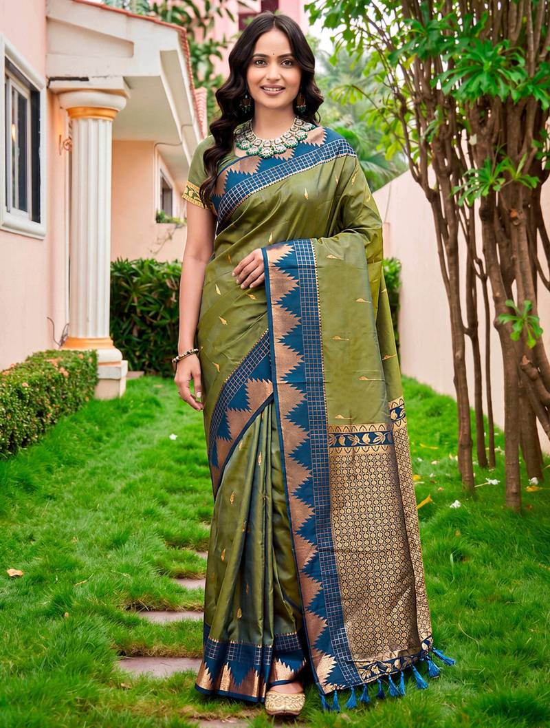 Sangam prints olive green silk woven work traditional saree